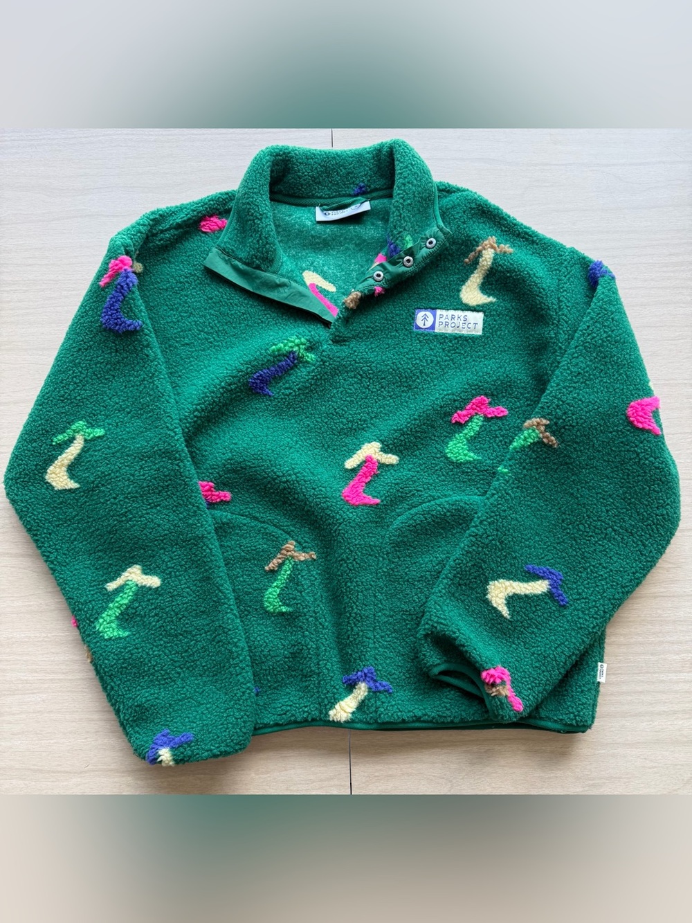 Parks Project Unisex Green Fleece Pullover with Multicolor Mushroom Details S